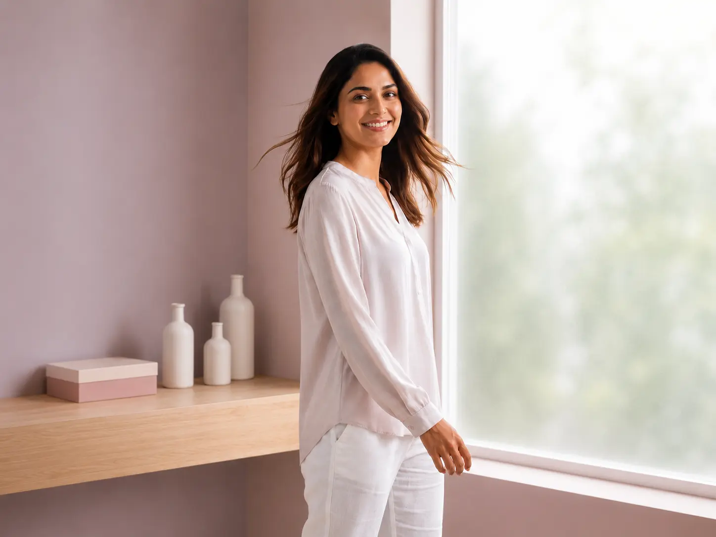 Woman sitting on a windowsill stretching